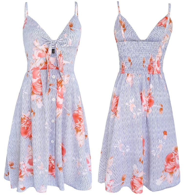 FANCYINN Women's Tie Front Summer Midi Dress V Neck Floral Print Button Down Spaghetti Strap Dress Striped Red Flower M - Image 4